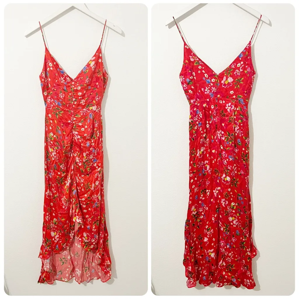 Sau Lee Sofia Satin Floral Print Ruched Midi Dress in Red Garden Size US 0 - Image 2
