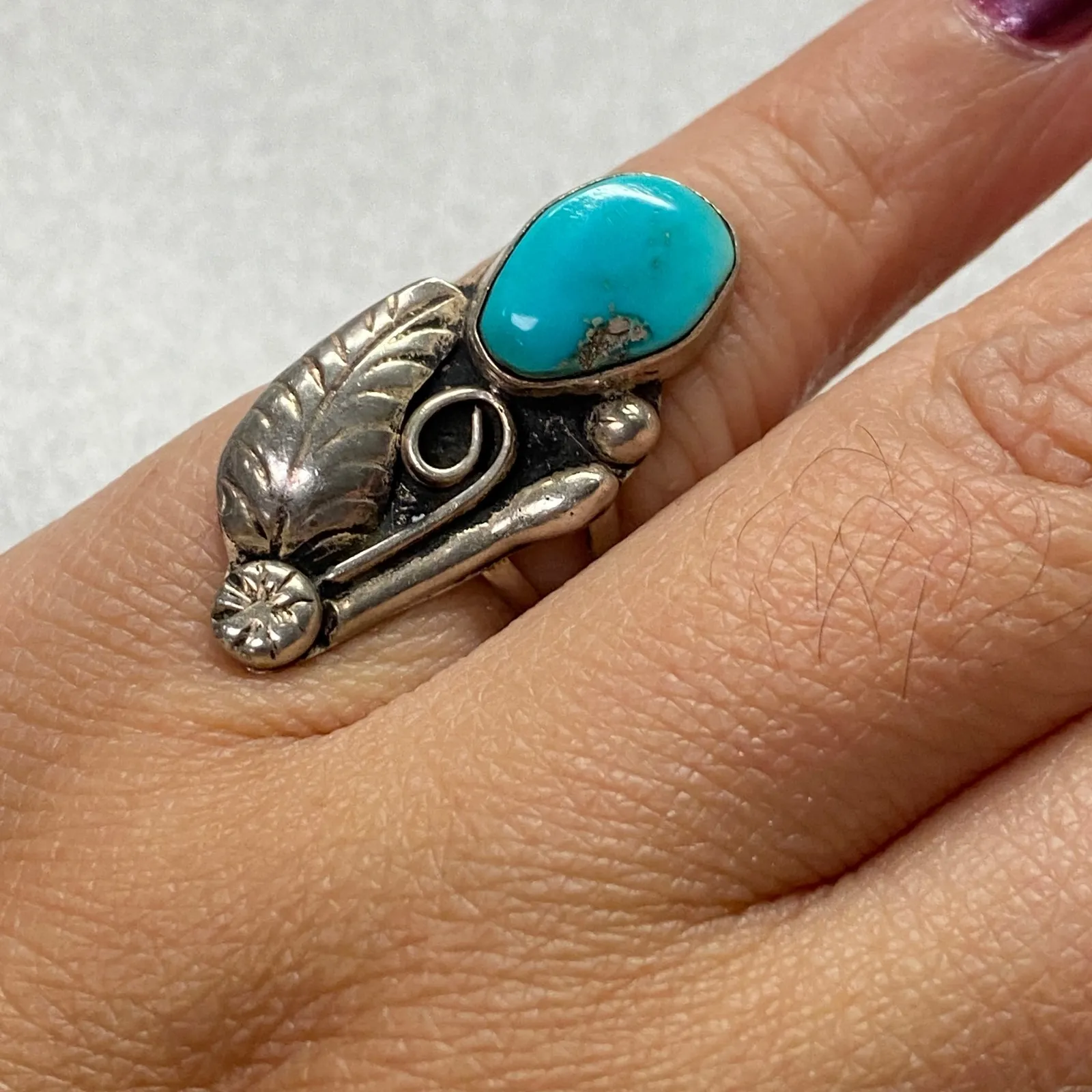 Sterling Silver Turquoise Feather Native American Style Statement Ring Size 4.5 - Image 7