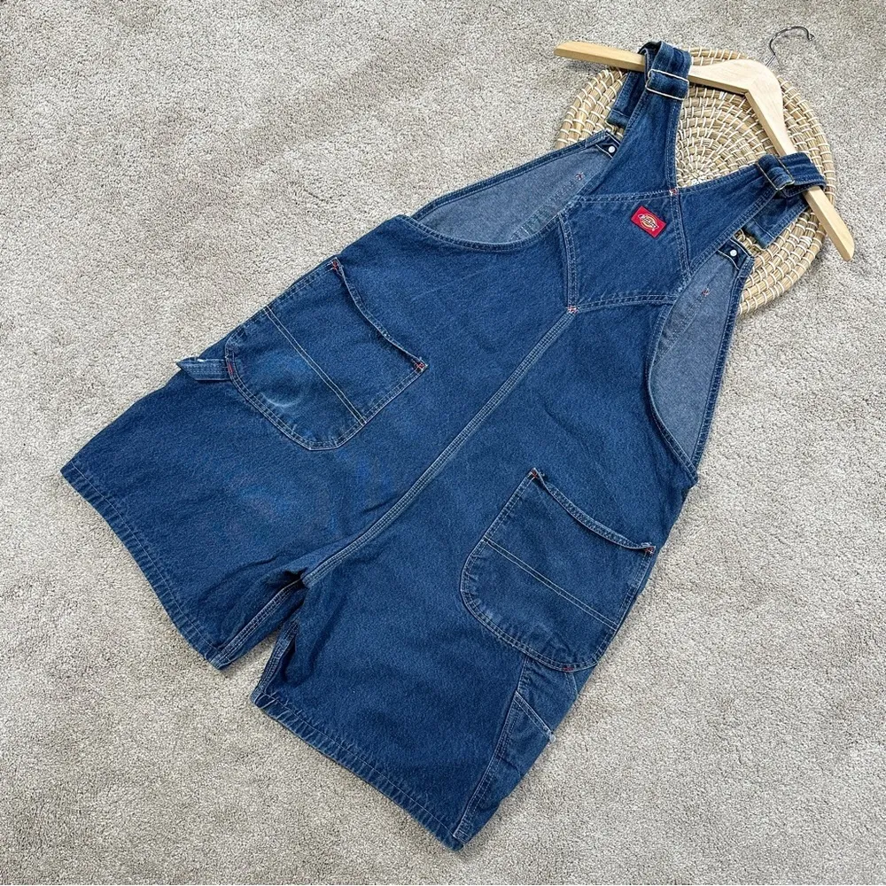 Dickies Women’s Carpenter Denim Relaxed Fit Overall Shorts Bib in Blue 40X30 - Image 4