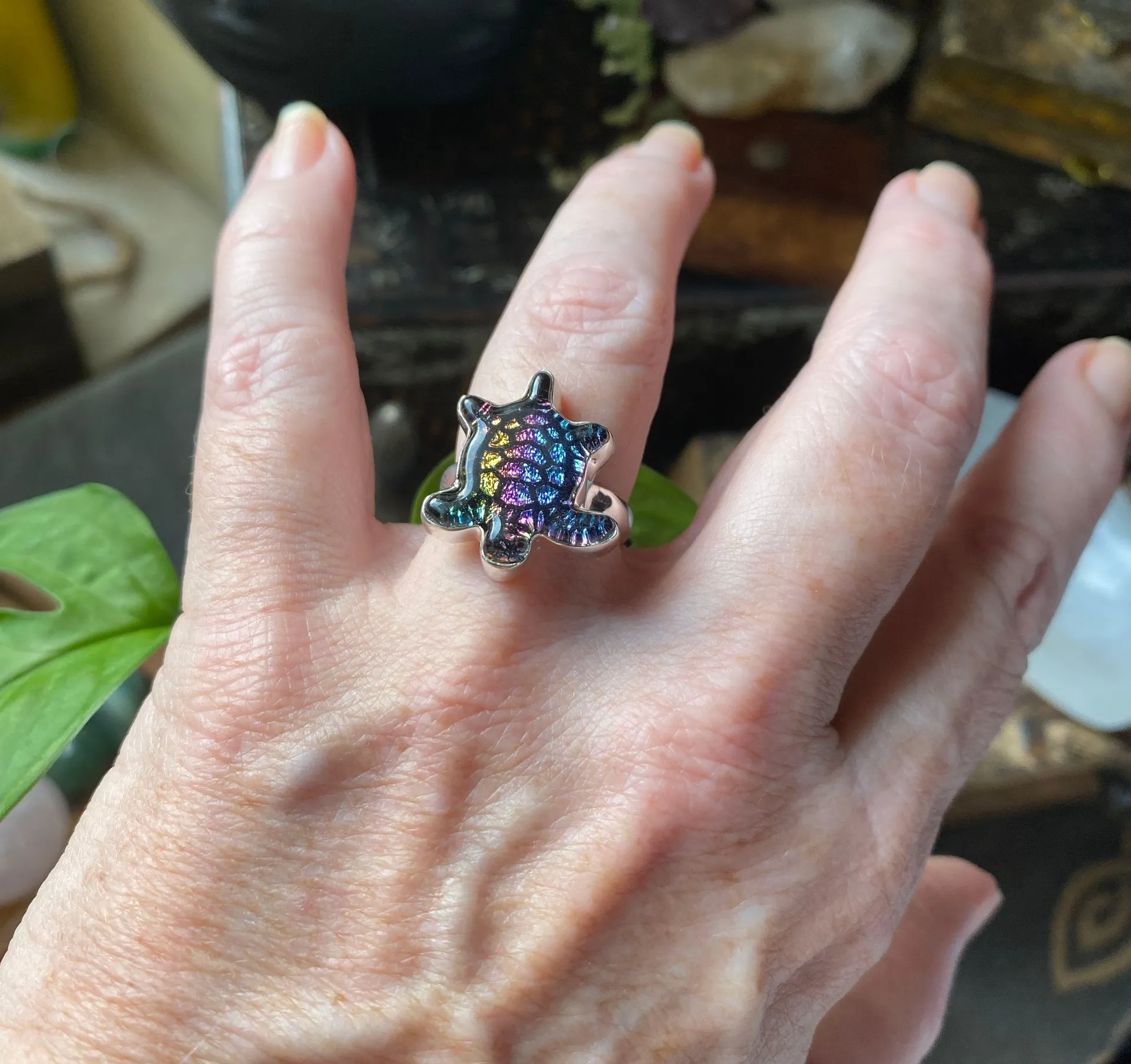 Turtle Dichroic Glass Sterling Silver Ring Jewelry Size 8 Blue - Image 5