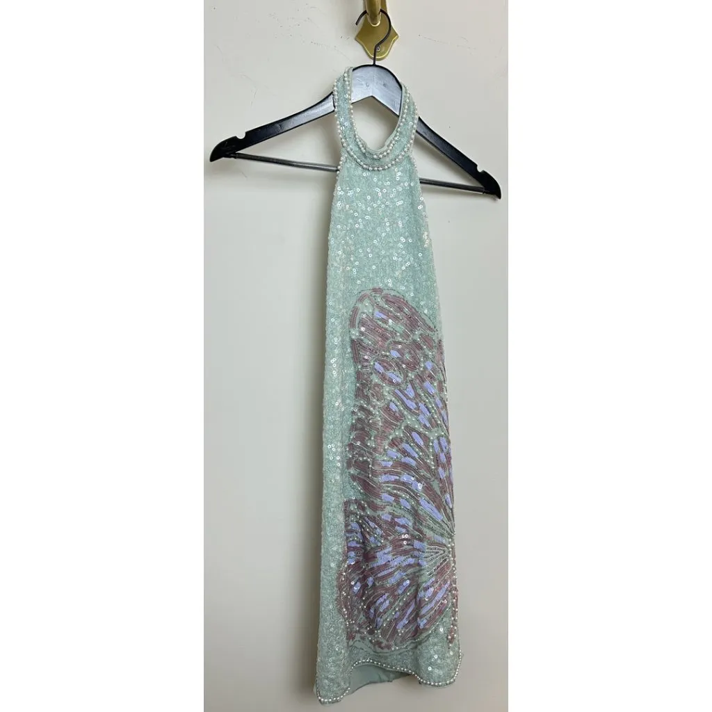 ASOS DESIGN Halter Mini Dress With Embellished Butterfly Artwork in Blue US 6 - Image 4