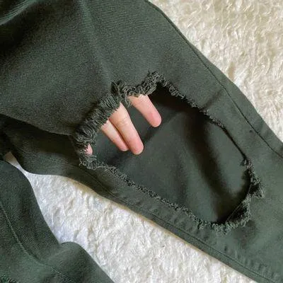 Olive Green Ripped Chain Denim Jeans Pants - Image 5