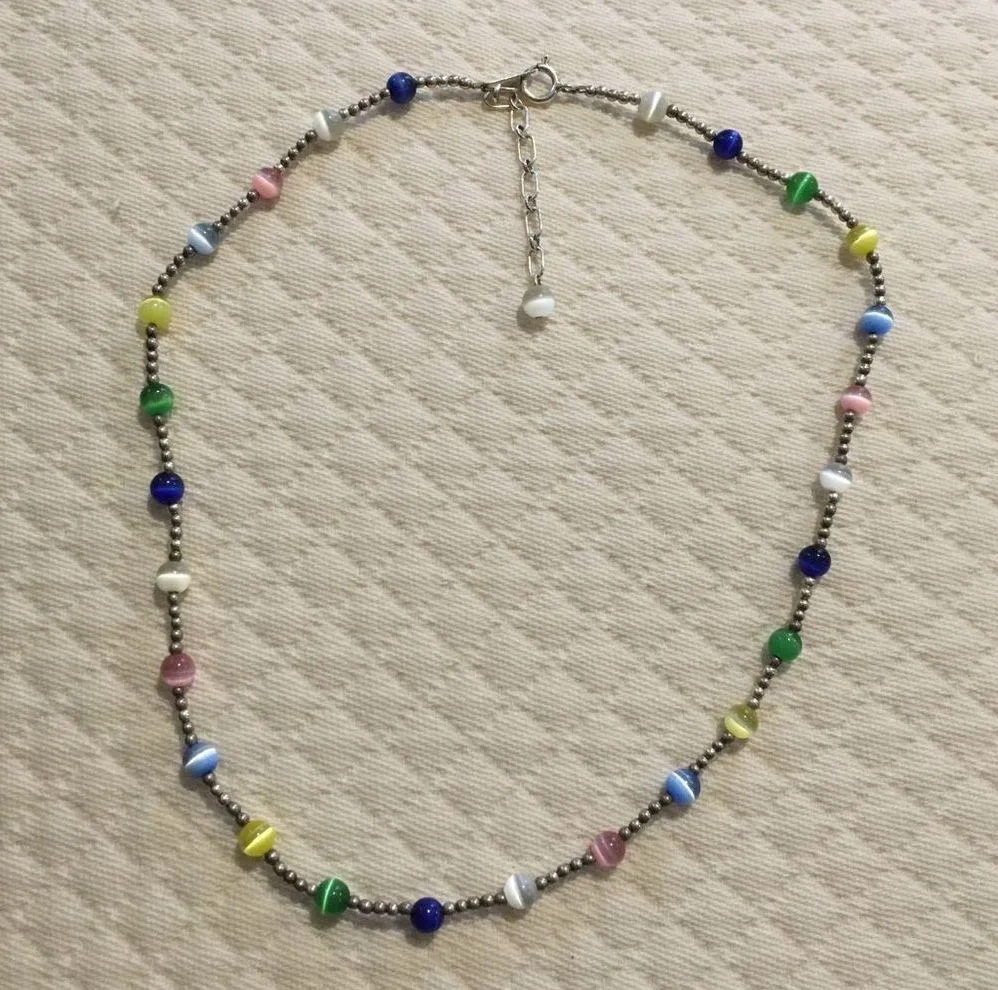 VTG Sterling Silver Multicolor Cats Eye Station Beaded Choker Necklace Extension - Image 9