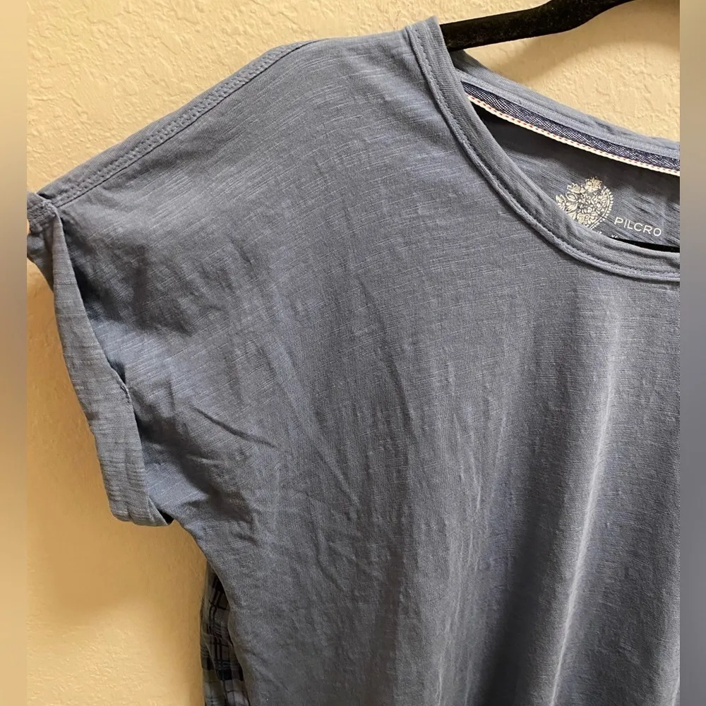 Anthropologie Pilcro Blue Mixed Media Plaid Short Sleeve Cuffed T-Shirt Size XS - Image 6