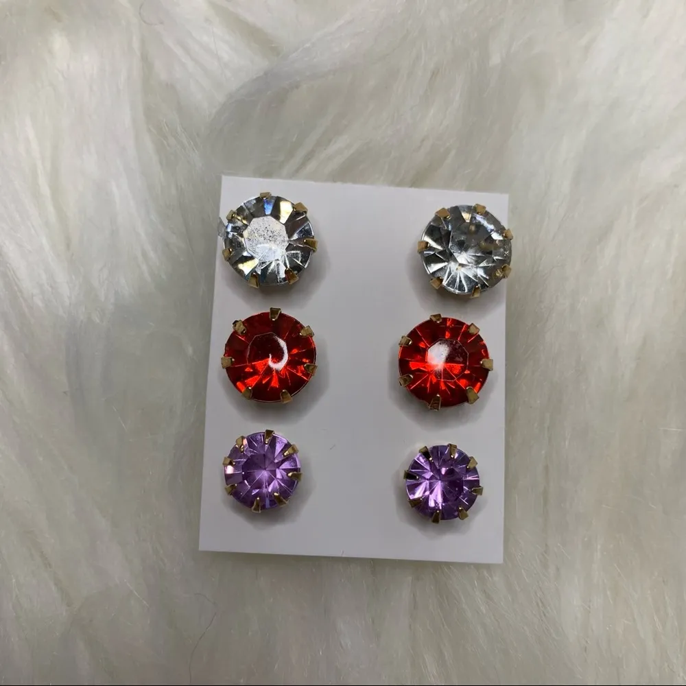 3 Colored Faux Diamond Stud Earrings Bundle Red - Image 3