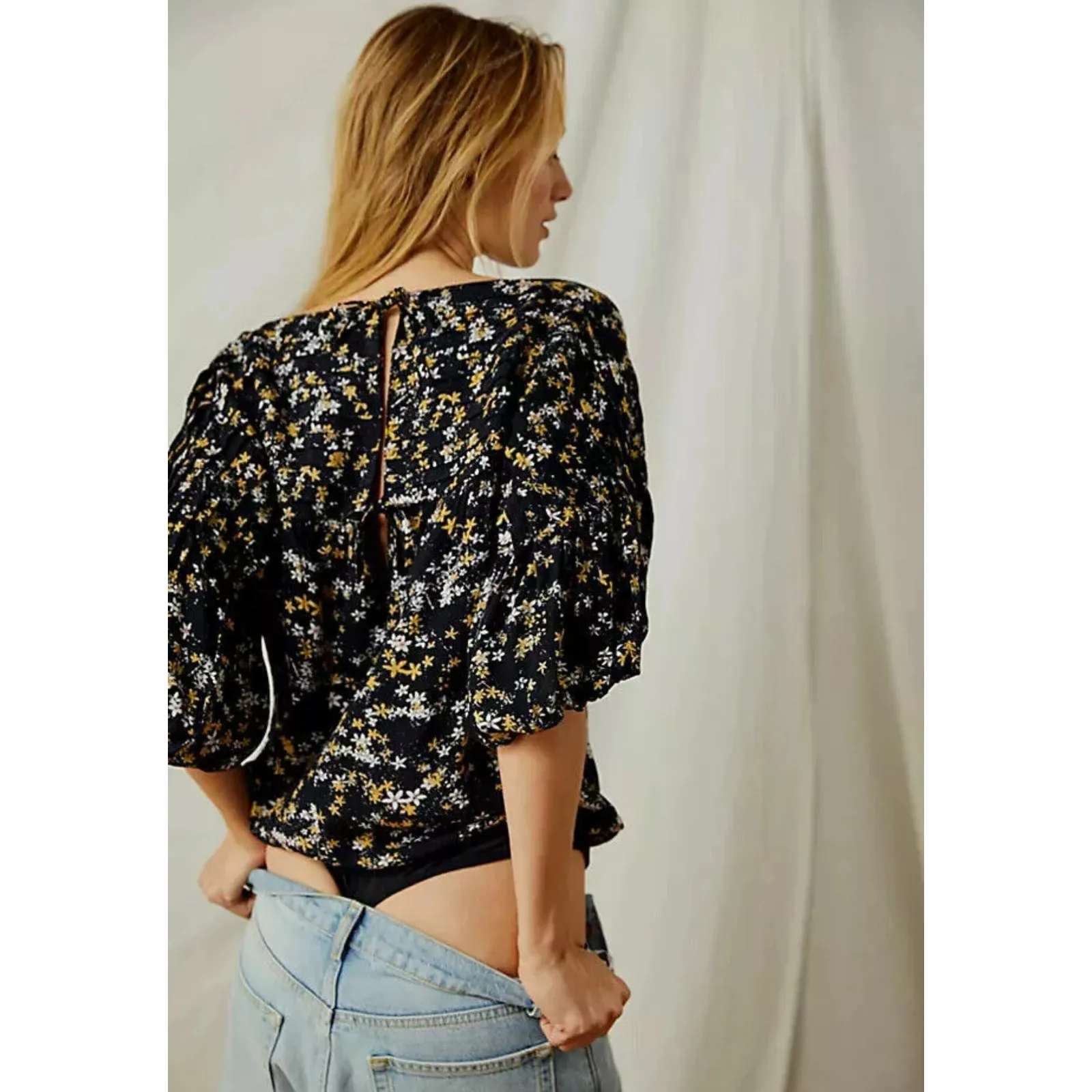Free People Intimately Womens Dessa Puff Sleeve Ditsy Floral Blouse Bodysuit L‎ - Image 2