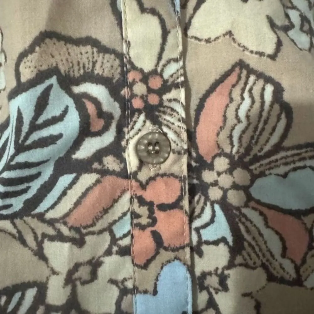 Roamans Womens Tan Cotton Floral Short Sleeve Button Shirt sz 22 Beachy Vacation Brown - Image 7