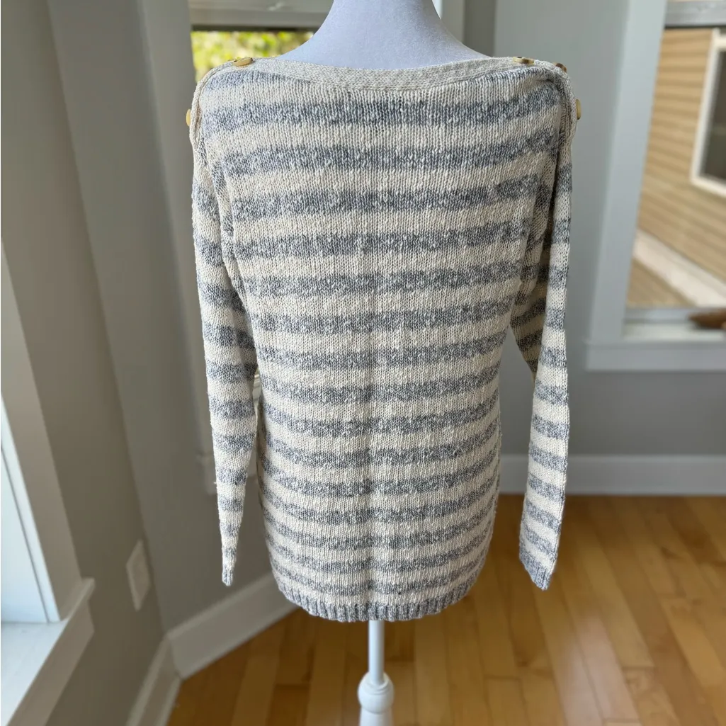 Market & Spruce Blue Ivory Striped Cotton Linen Button Shoulder Boatneck Sweater - Image 4