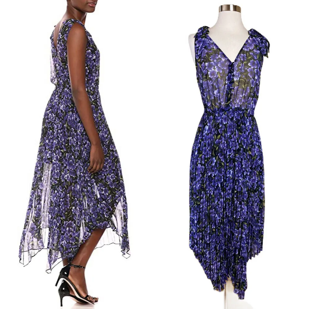 THE KOOPLES Maxi Dress Hortensia Purple Hydrangea Floral Chiffon Asymmetrical Sm - Image 4