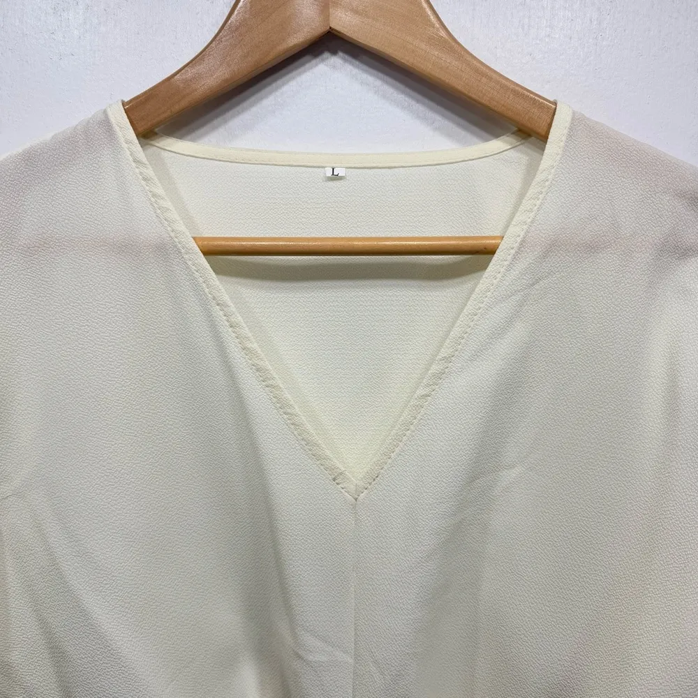 Cream Crepe Semi Sheer Cropped Tie Front Blouse Floral Long Bubble Sleeves Orange Size L - Image 6