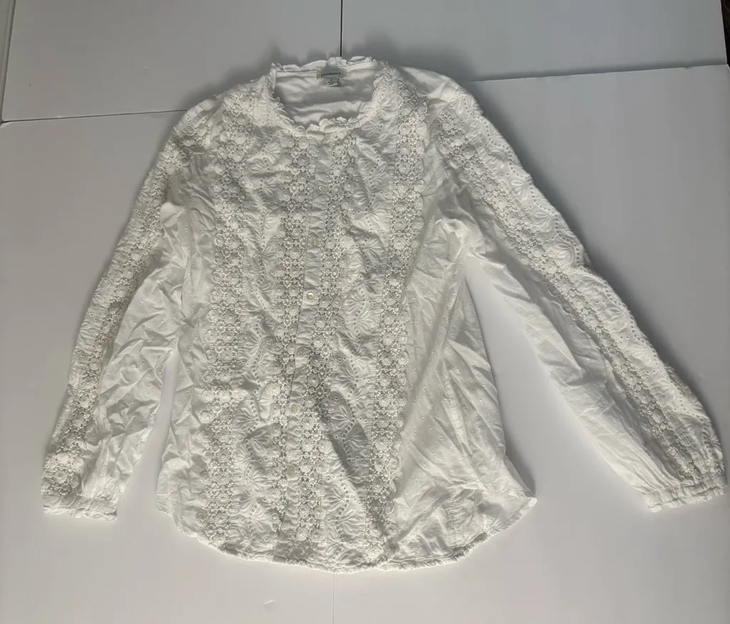 Sundance White Embroidered Eyelet LS Collared Button-Front Shirt – Small - Image 1