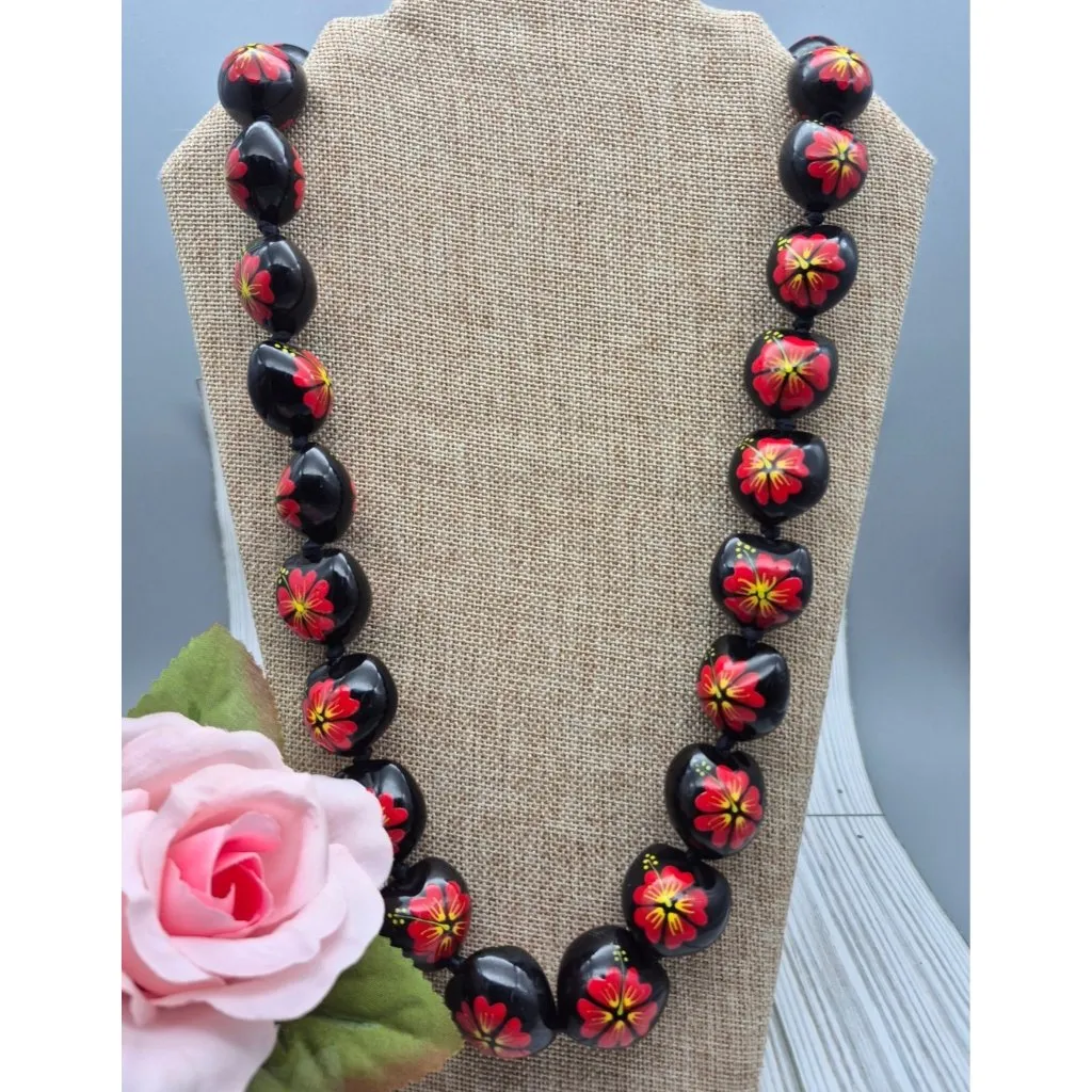 Hawaii Wedding Kukui Nut Lei Necklace Black & Red Hibiscus Flower Floral 36" - Image 2