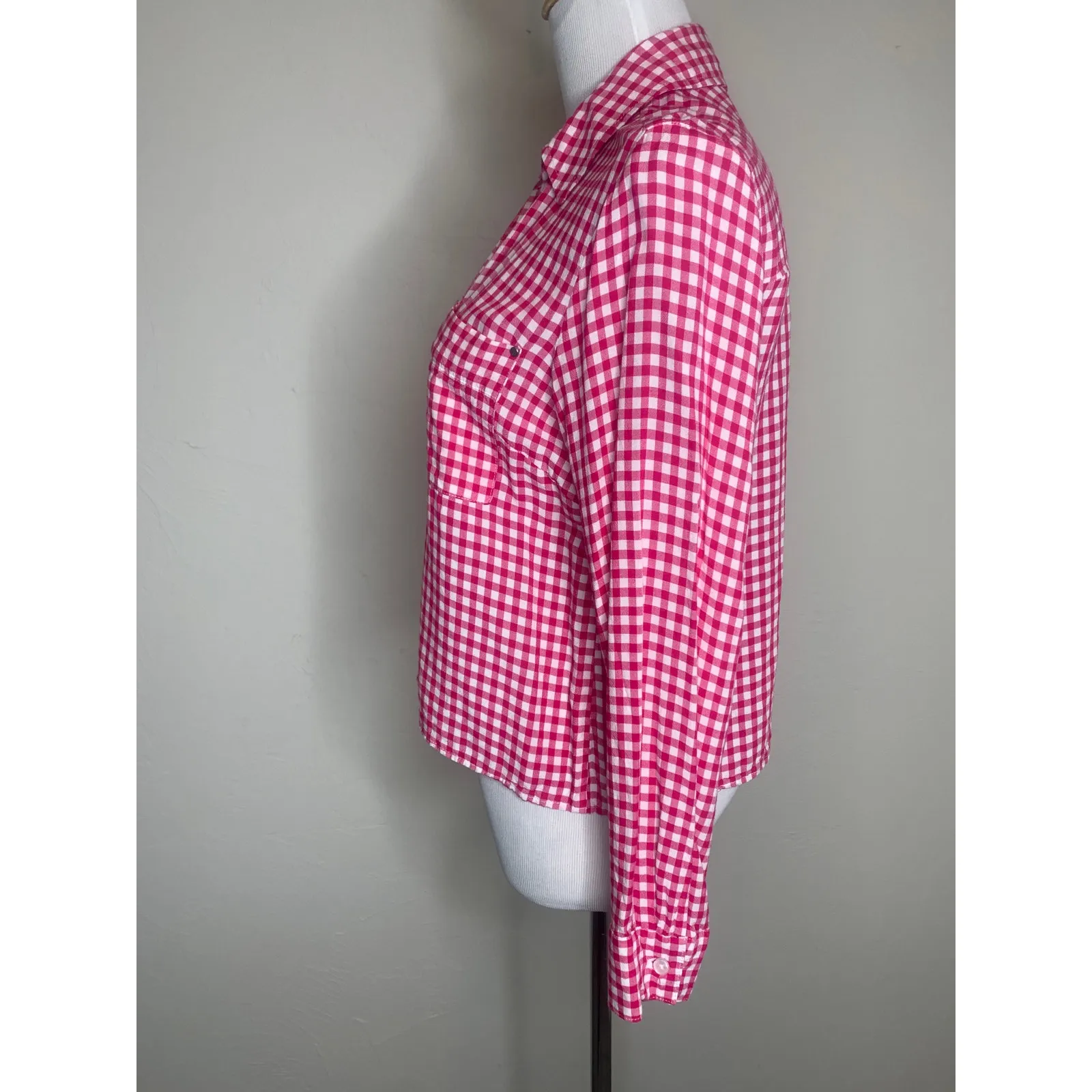 Jones NY Pink Gingham Cropped Shirt Sz Medium Western Preppy - Image 3
