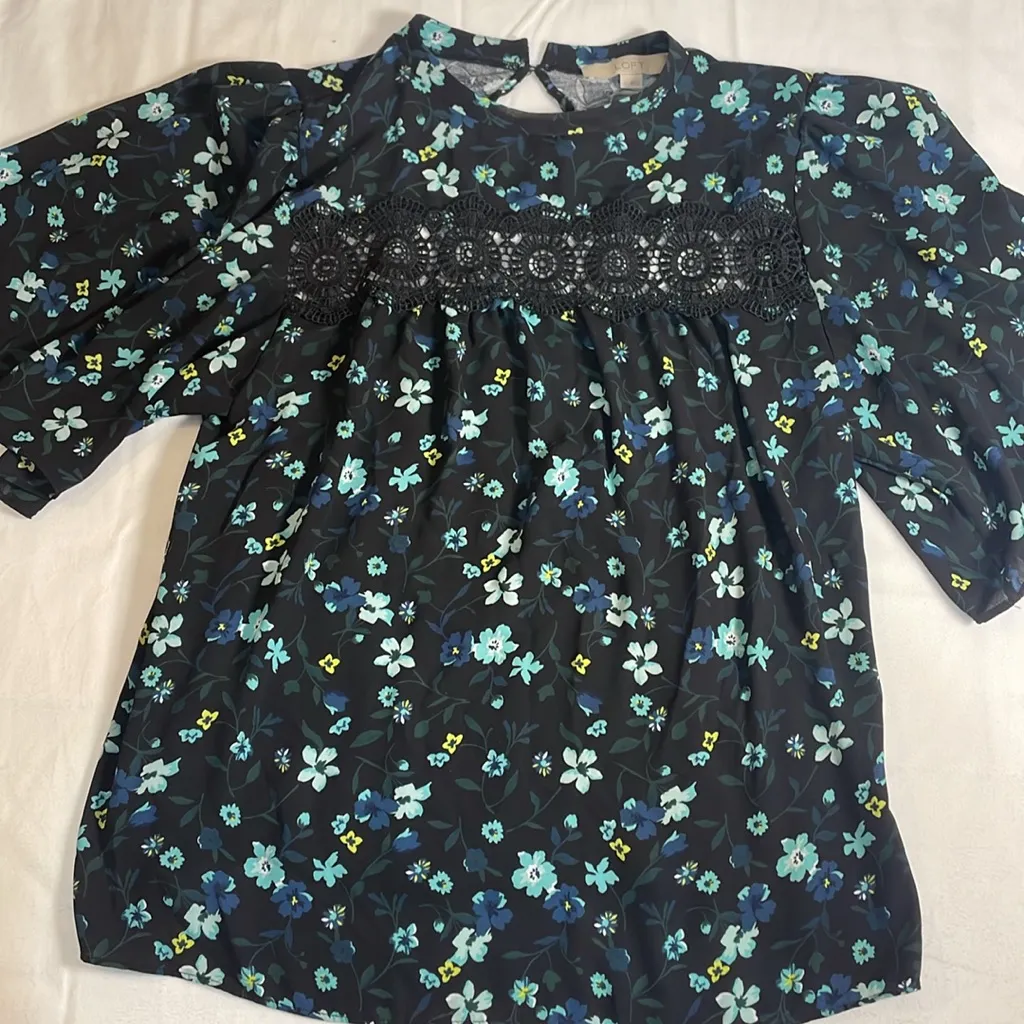 Loft Mixed Media‎ Dark Floral Lace Wide Flutter Sleeves Oversized Boho Navy S - Image 5