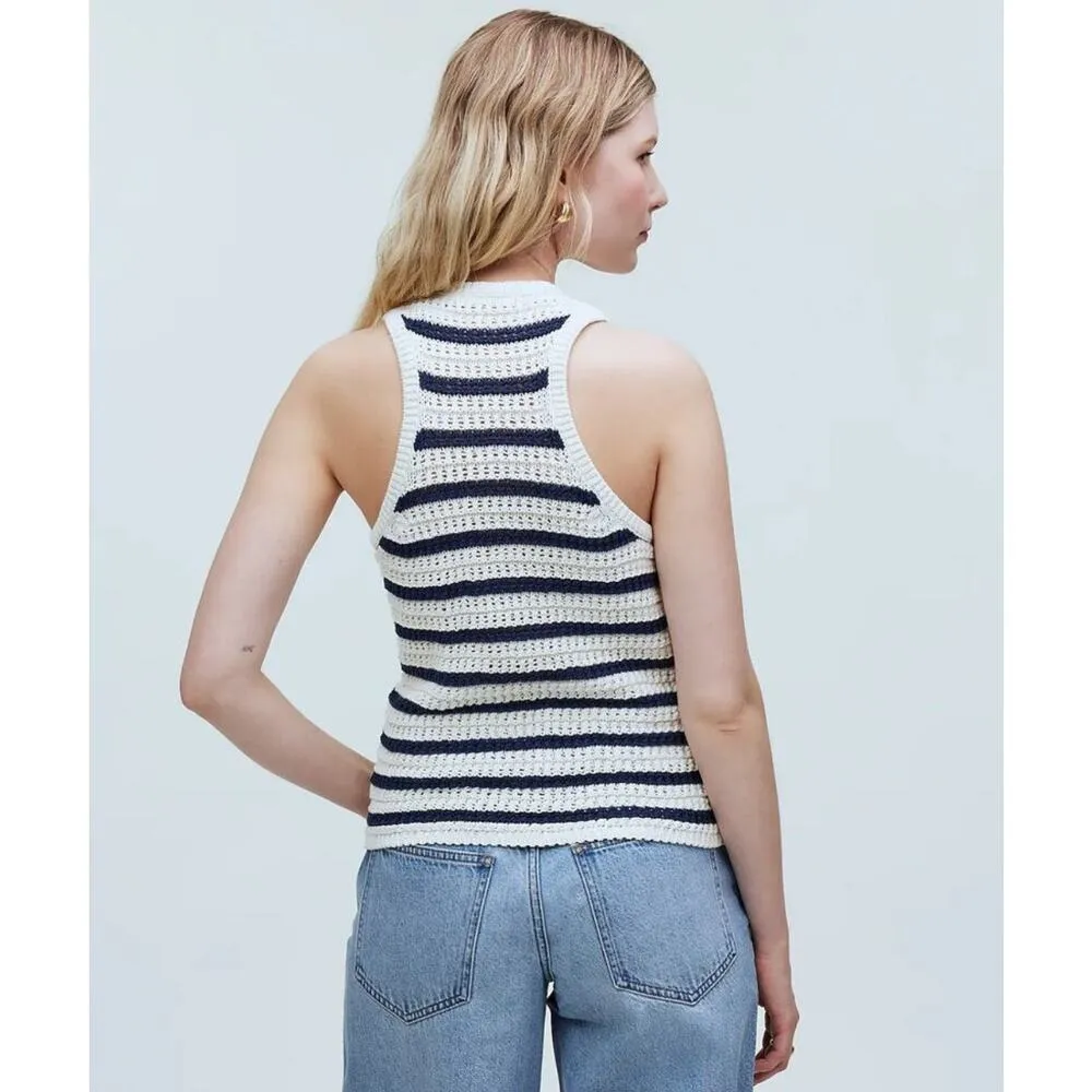NWT Madewell Crochet-Knit Crewneck Sweater Tank In Bright Ivory Navy Size S - Image 2