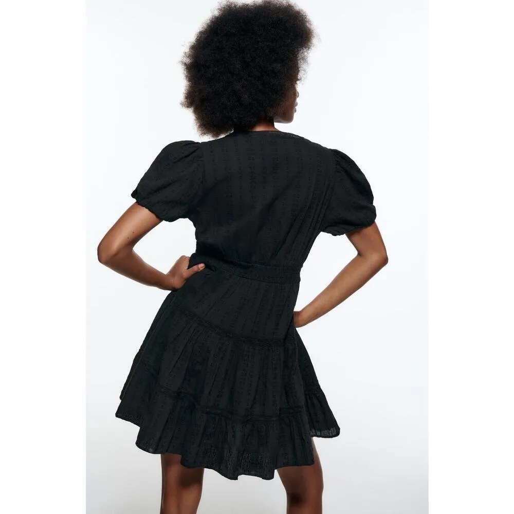 Zara Black Short Puff Sleeve Faux Wrap V-Neck Tiered Mini Fit & Flare Dress Sz S - Image 4