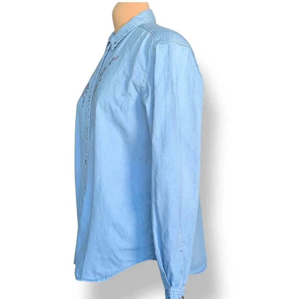 Vintage 90s Embroidered Chambray Denim Shirt Button Down Floral Long Sleeve Blue Size M - Image 4