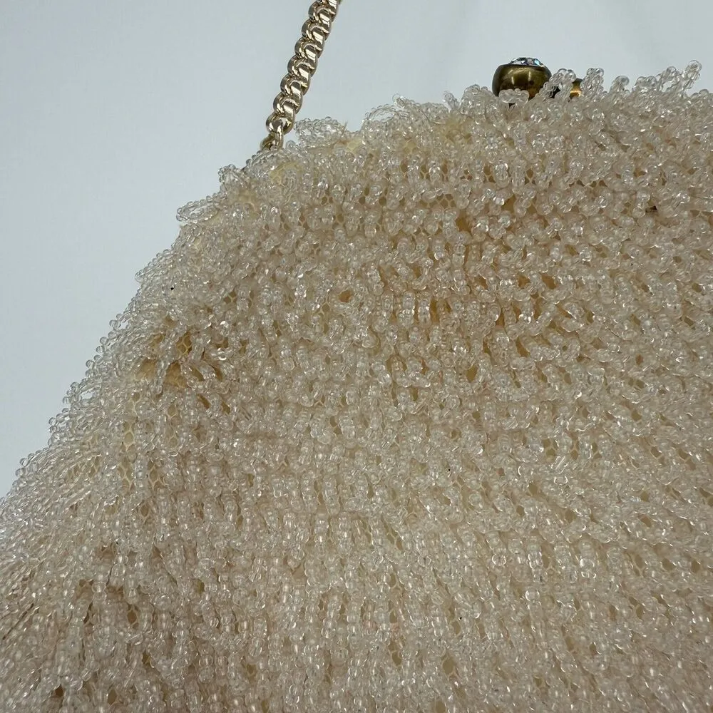 Bags by Josef Vintage Ivory Beaded Clutch Evening Bag Satin 50s Crystal Clasp - Image 3