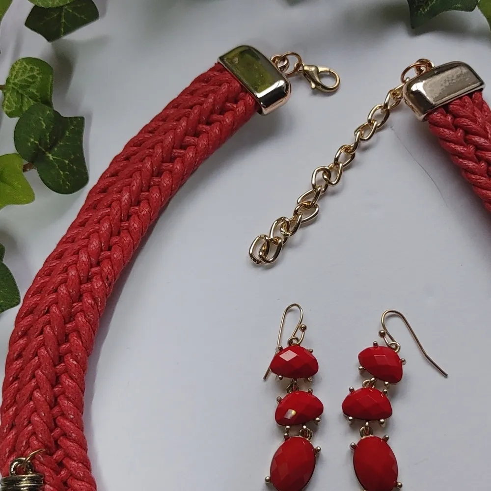 Statement Boho Colorful Bib Necklace Earrings Set Red - Image 5