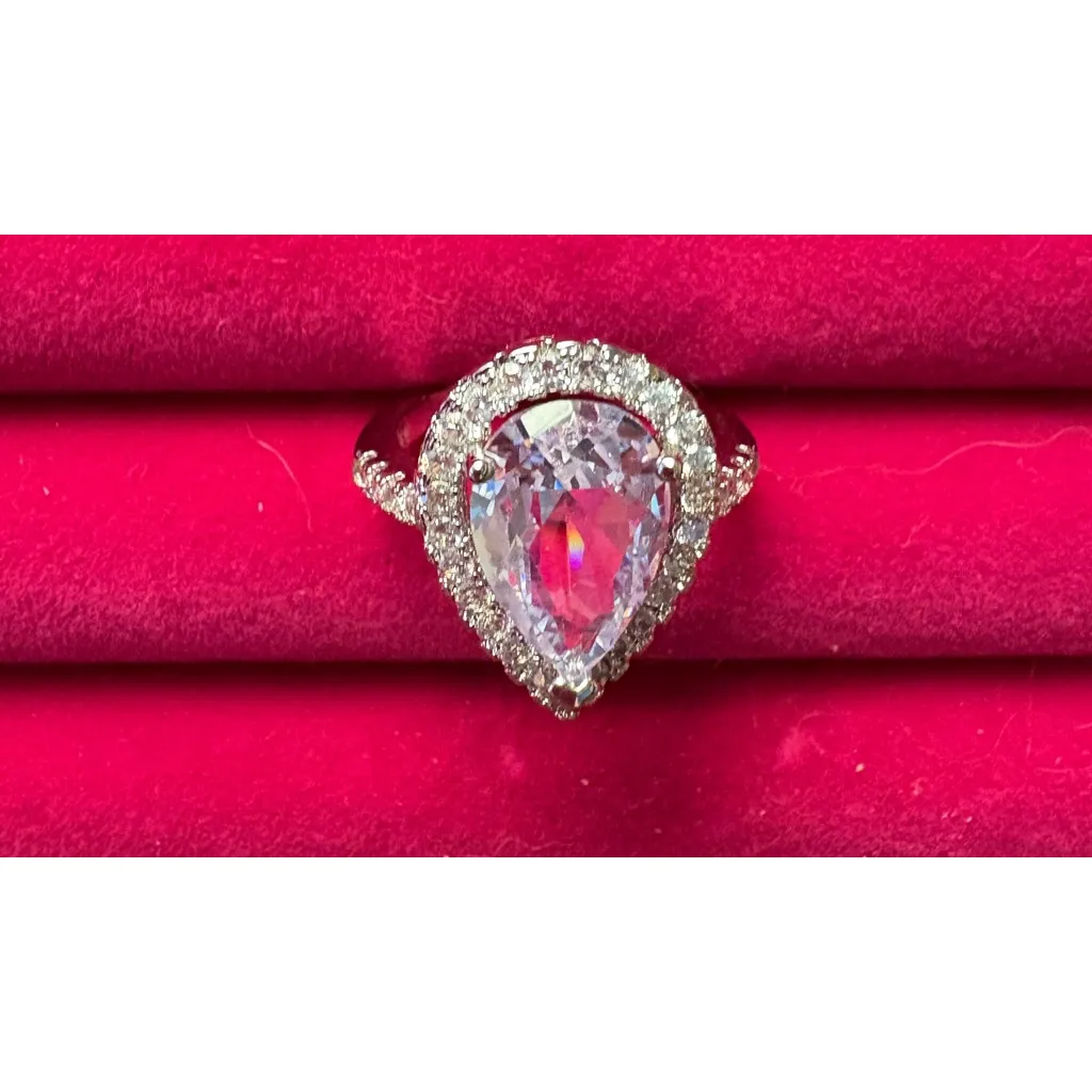 NEW Women's 3Ct Rhodium S925 Pear Halo Teardrop Engagement Ring, Size‎ 7 - Image 13