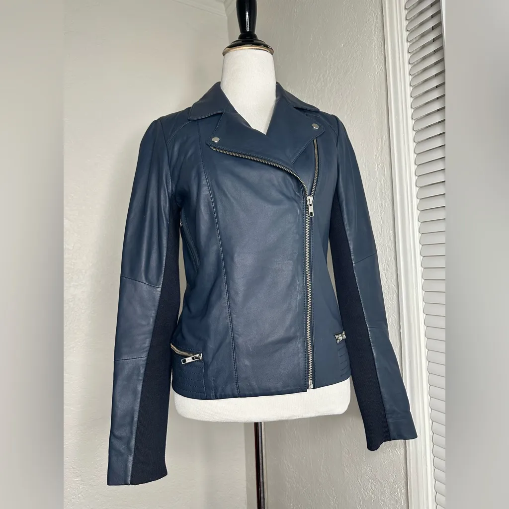 Blue Leather Motorcycle Jacket with Asymmetrical Zipper Trouvé Size XS - Image 2