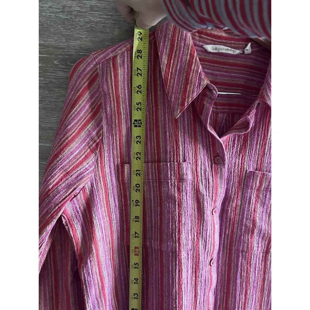 Soft Surroundings Red Stripes Gauze Button Down Shirt Tunic Pockets L - Image 4