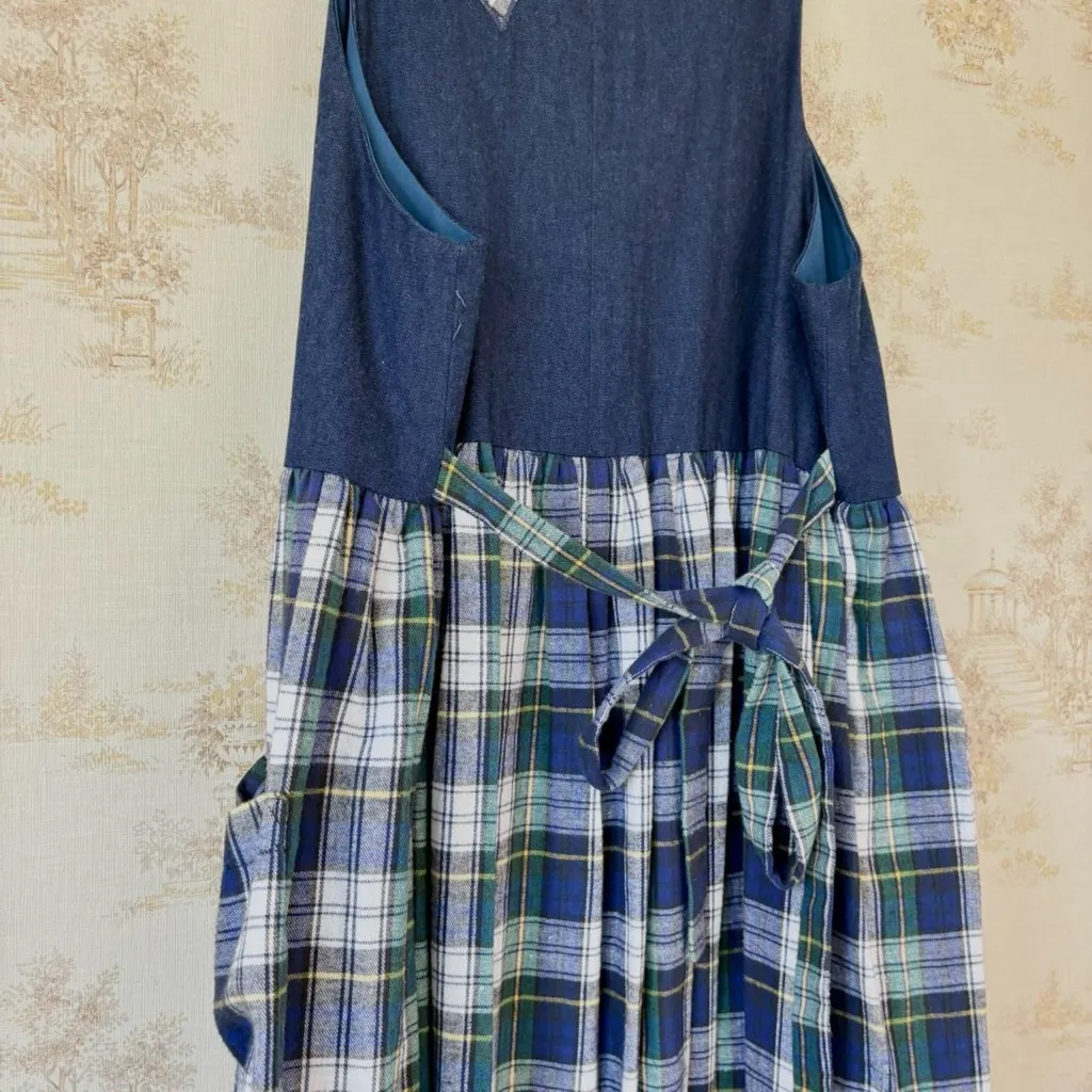 Vintage handmade blue green denim plaid cottagecore patchwork heart jumper dress Size L - Image 6