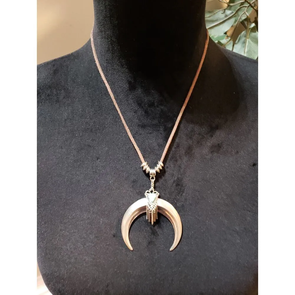 Womens Fashion Crescent Moon Pendant on Suede Cord Necklace with Lobster Gold - Image 2