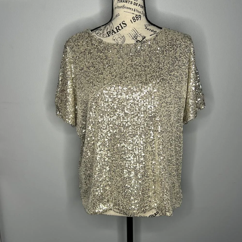 H&M  SMALL Sparkly Straight Cut Sequined Mesh Short Sleeve Top Blouse Tee - Image 13