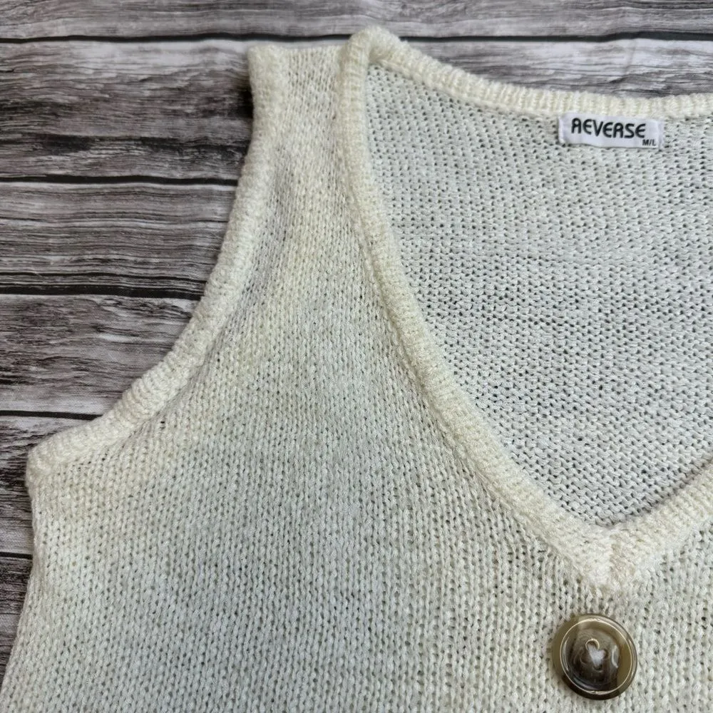 Reverse Women's Sleeveless Tank Top V Neck Sweater Vest M/L Ivory Cream Buttons - Image 6