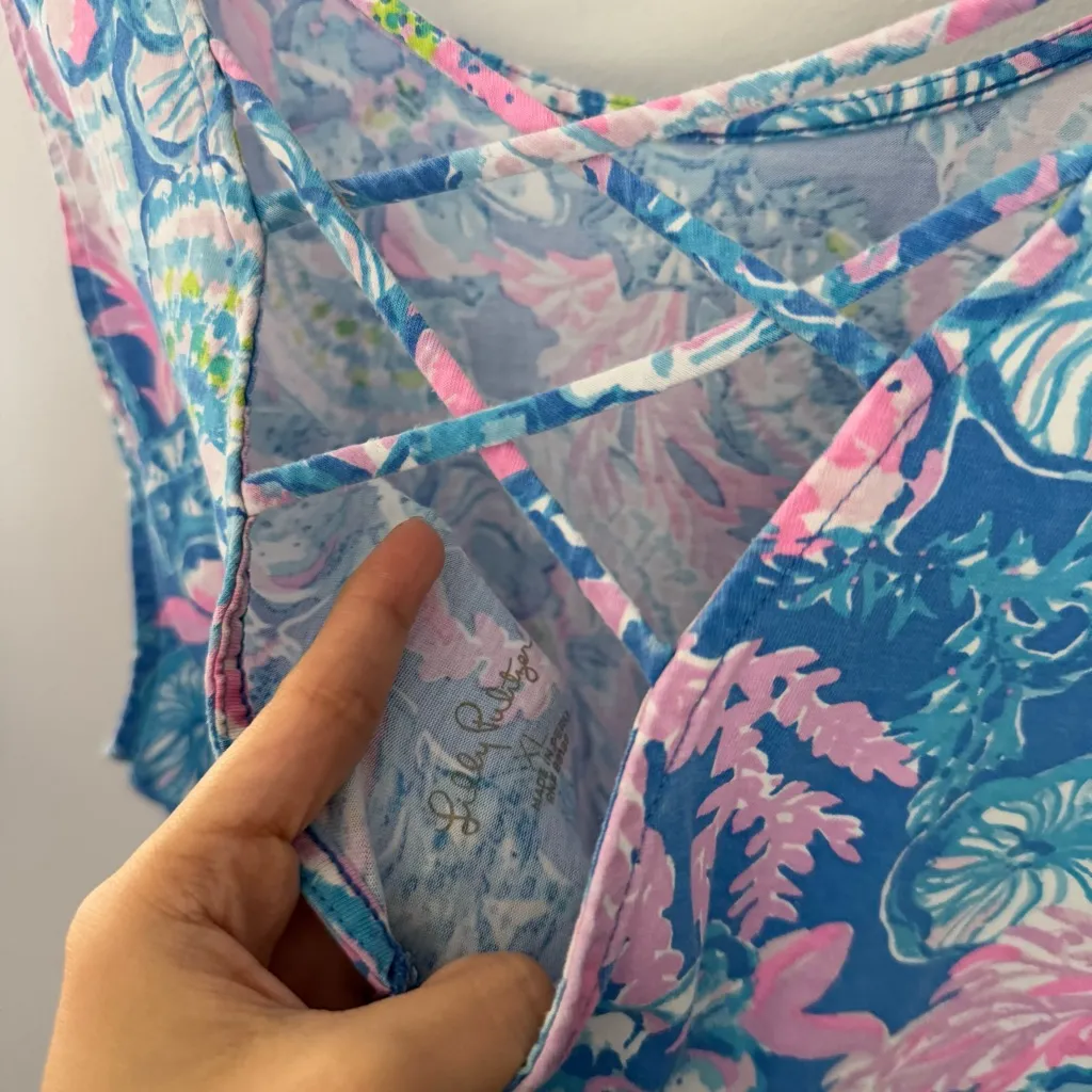 Lilly Pulitzer XL Kristen Mini Tank Dress Blue Seaside Hibiscus Resort Pima - Image 6