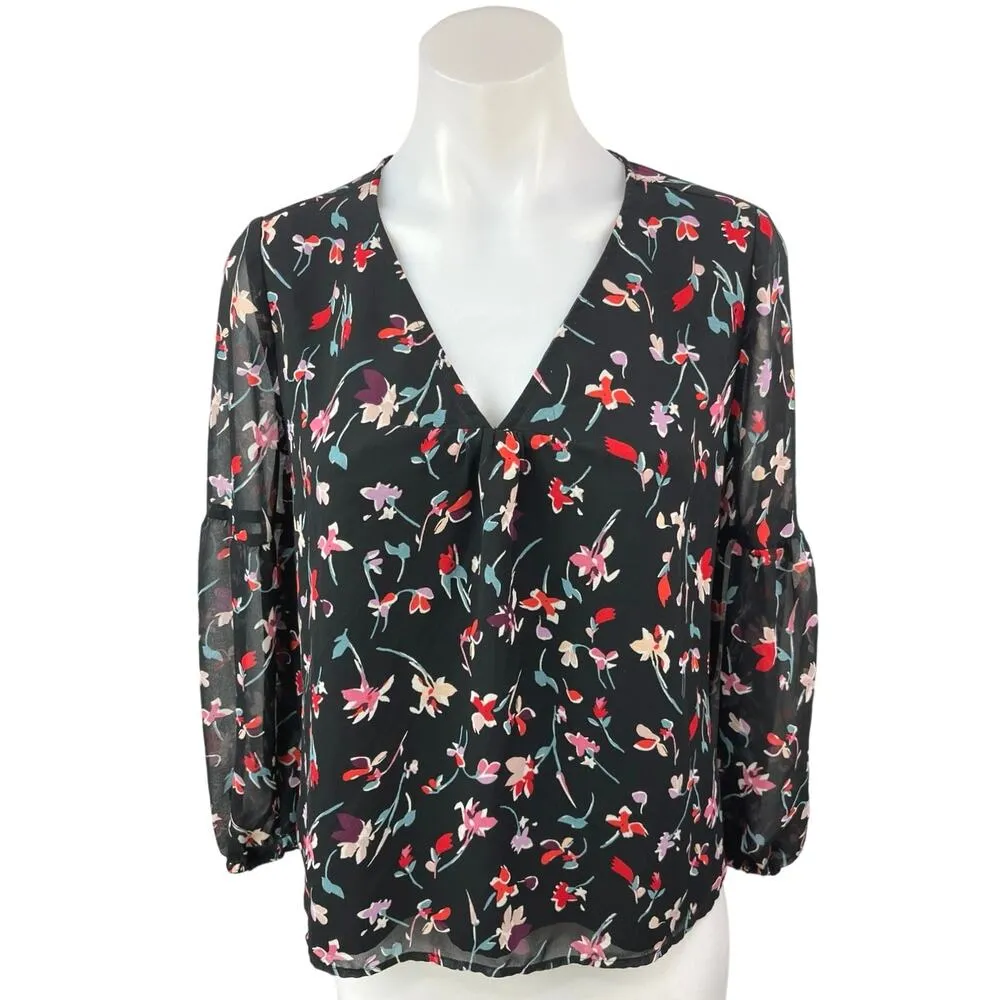 Madewell Drifting Flowers Black Floral Shirred Sleeve V-Neck Blouse Top Size XS - Image 5