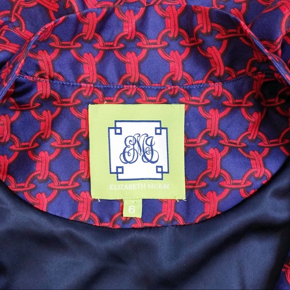 Elizabeth McKay • Scotland wrap dress ruffle silk red & navy blue chain link Size 6 - Image 4