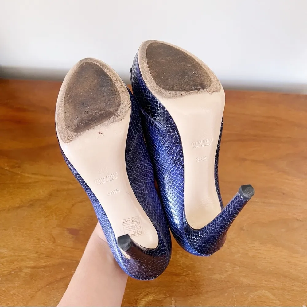 Miu Miu • blue python snakeskin pumps peep toe heels leather platform stiletto - Image 9