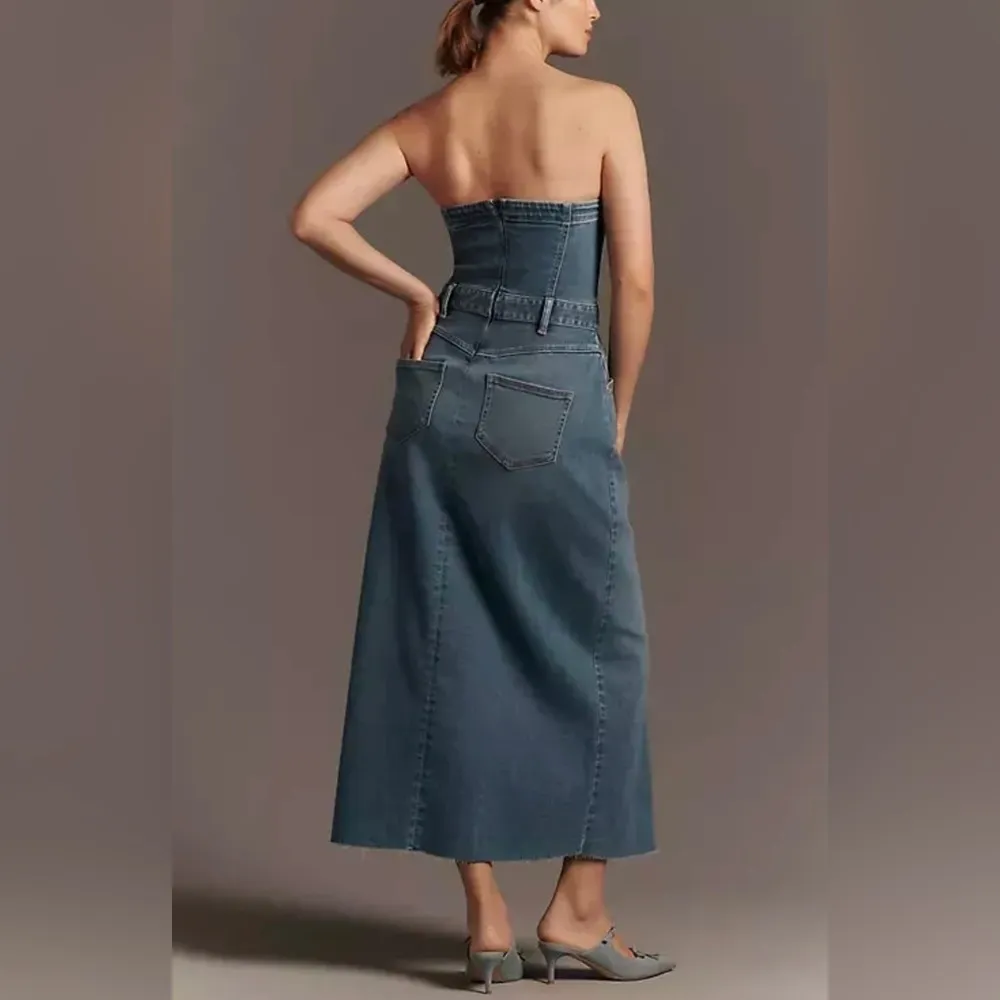 Pilcro Anthropologie $158 The Madi Front Slit Denim Strapless Dress Western Y2K - Image 2