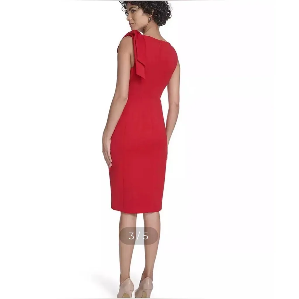 Calvin Klein Side Bow Sleeveless Scuba Knit Sheath Dress in red. Size 10 - Image 3