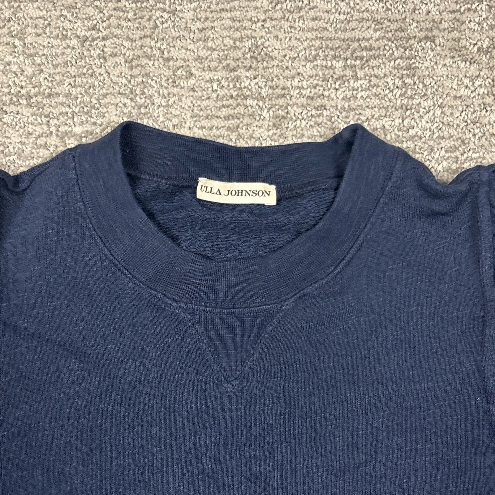 Ulla Johnson Alair Crewneck Washed Fleece Sculpted Sleeve Navy Medium **HOLE* - Image 3