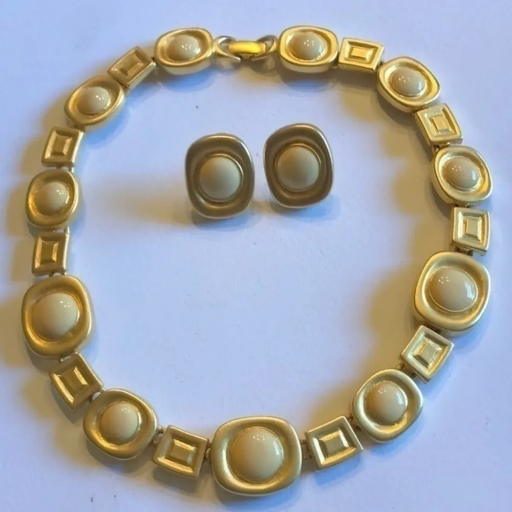 Vintage Satin Gold Tone & Cream Ivory Enamel Necklace & Pierced Earring Set - Image 2