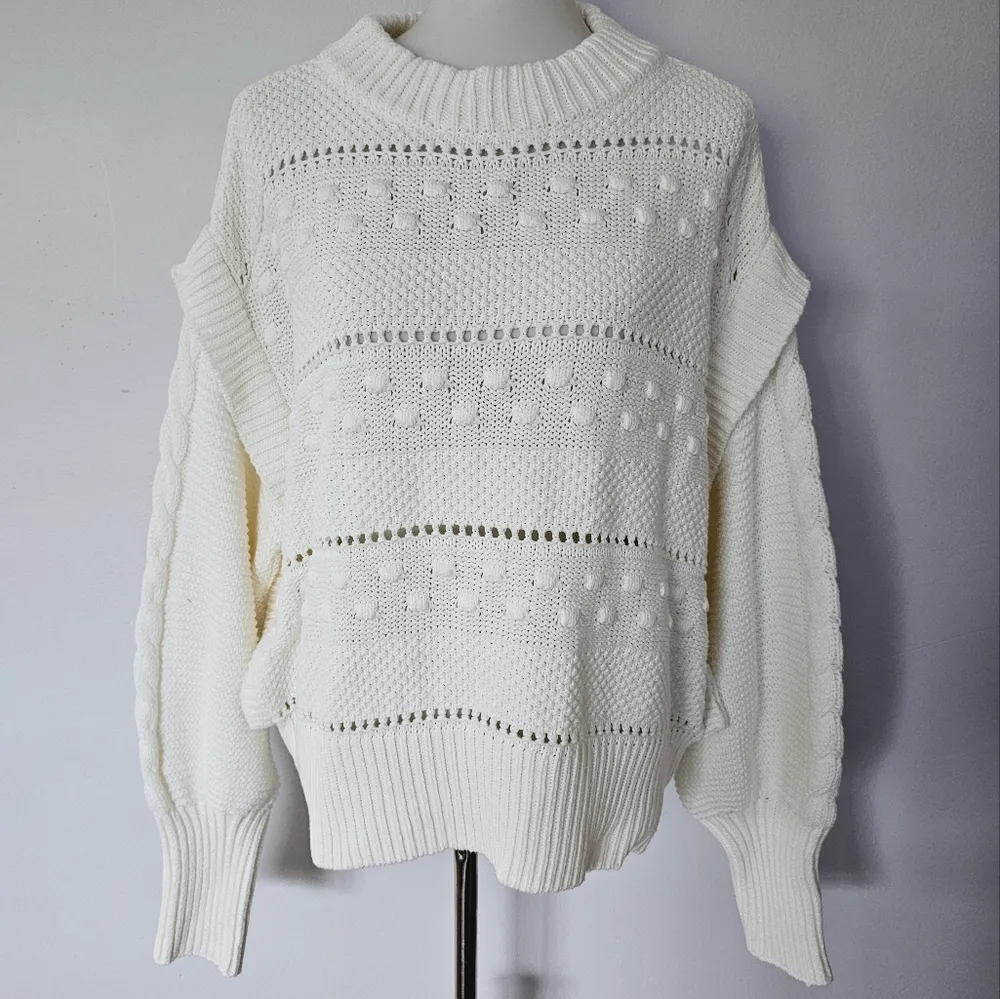 A.N.A Creama Pom Cable Lattice Detail Crewneck Sweater Size XL - Image 3
