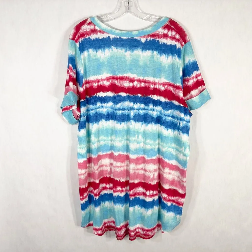 Woman Within Plus Size 1X 22W 24W‎ Top Blue Red Tie Dye Striped V Neck 1652 - Image 2