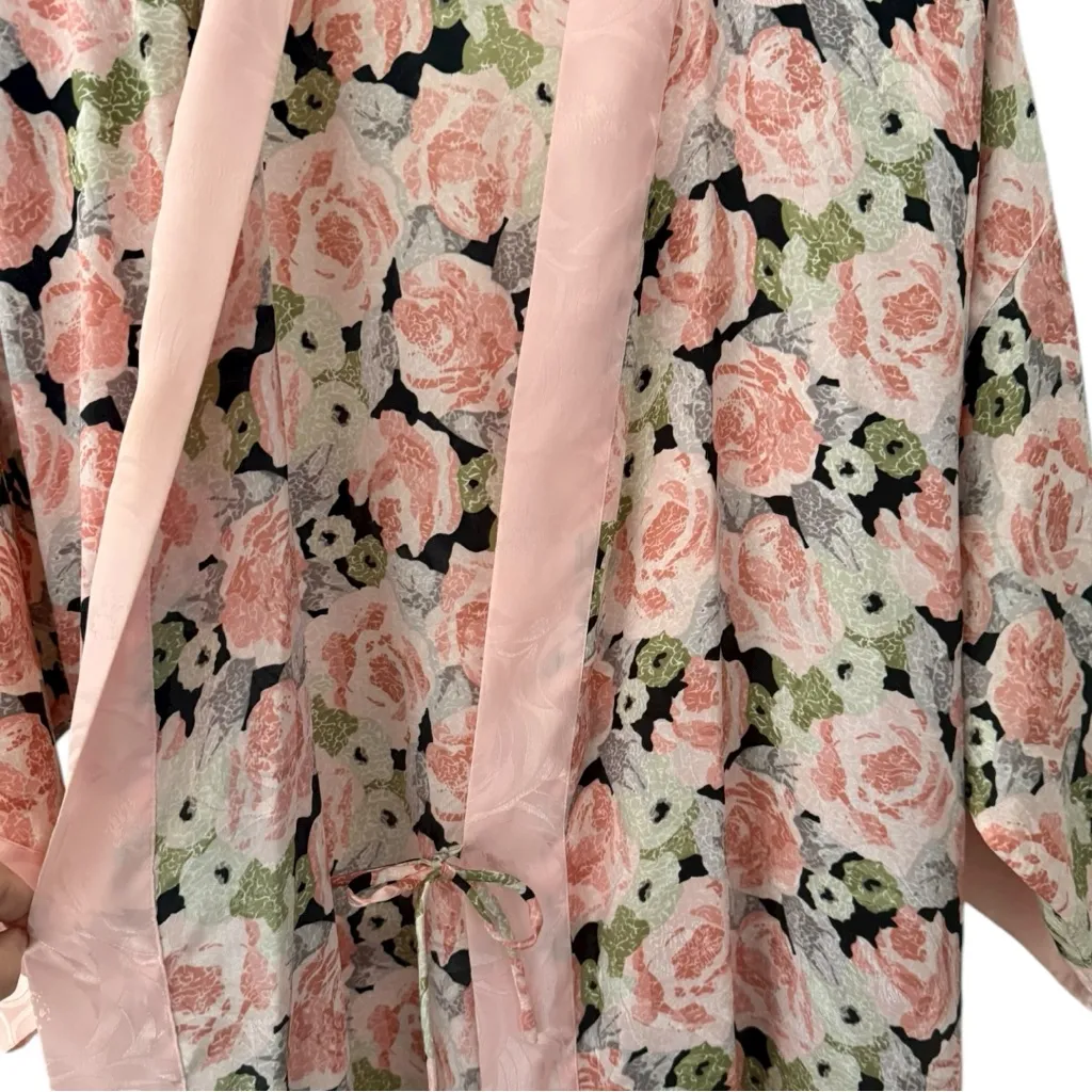 Vintage Lauren Alexandra Robe Floral Pink Satin Tie Waist Size P - Image 3