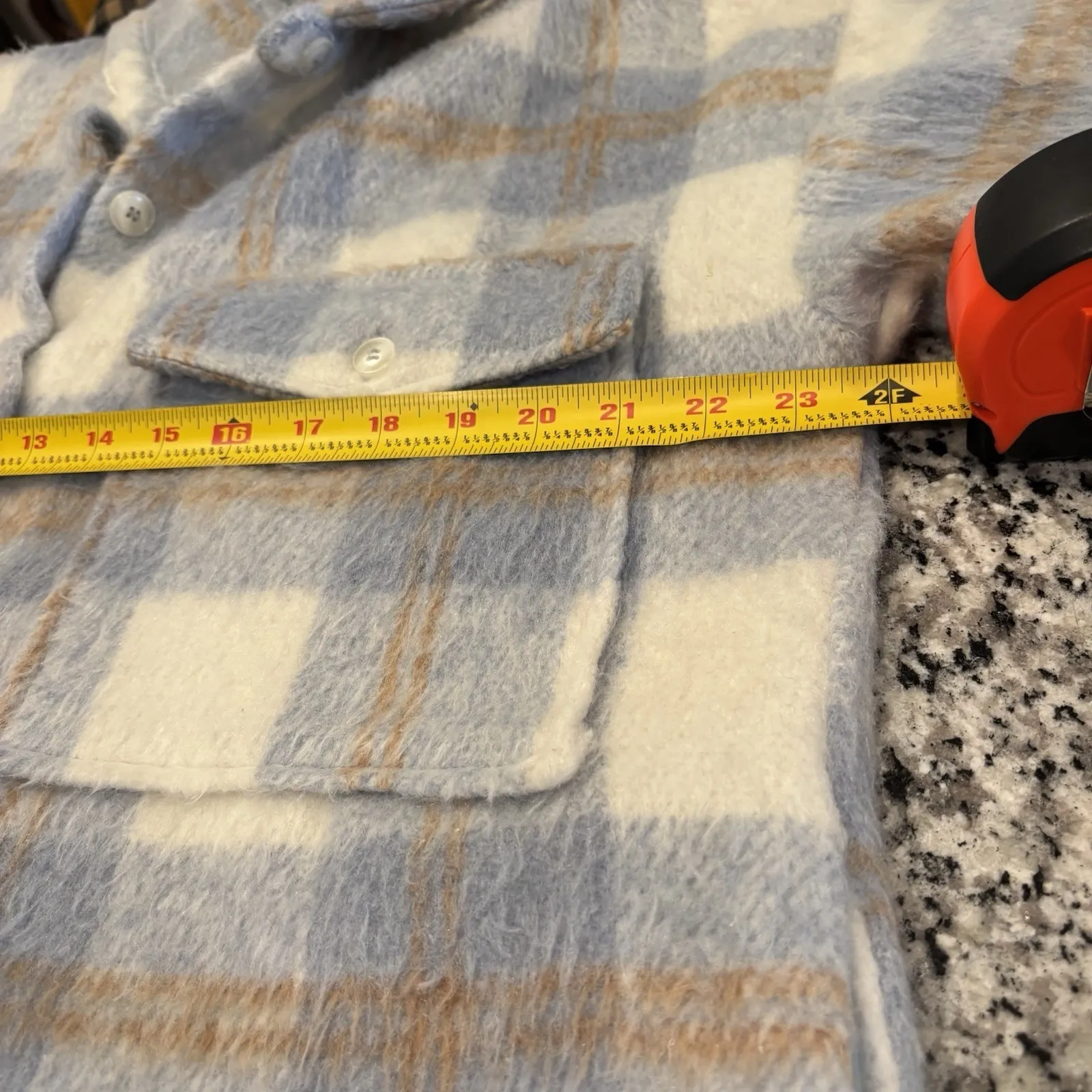 ACOA Plaid Shacket Blue Beige Fuzzy Button Front Chest Pockets Jacket Size S/M Size M - Image 11