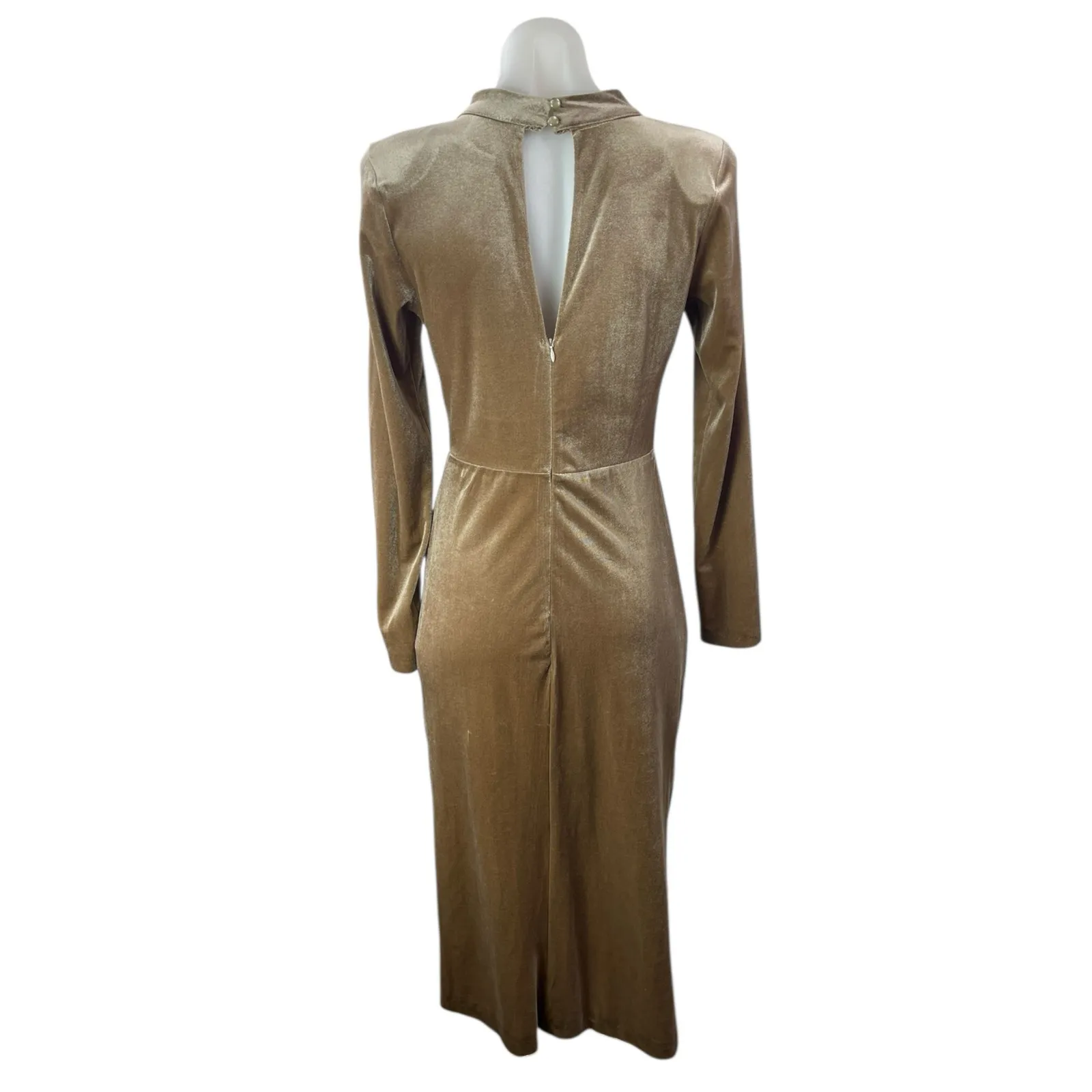 Fervente Gold Velvet Velour Long sleeve Mock Neck Ruched Midi Sheath Dress Sz 8 - Image 2