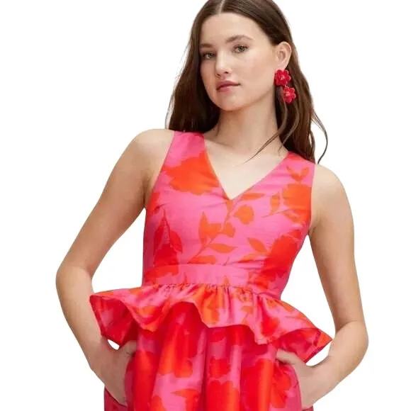 Kate Spade Target Red Pink Classic Floral Sleeveless Peplum Midi Dress Sz 6 NWT‎ - Image 3