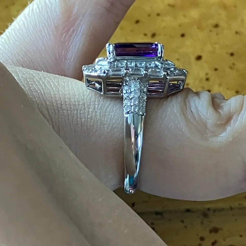African Amethyst Moissanite Sterling Silver Art Deco Ring Size 6 Purple - Image 3