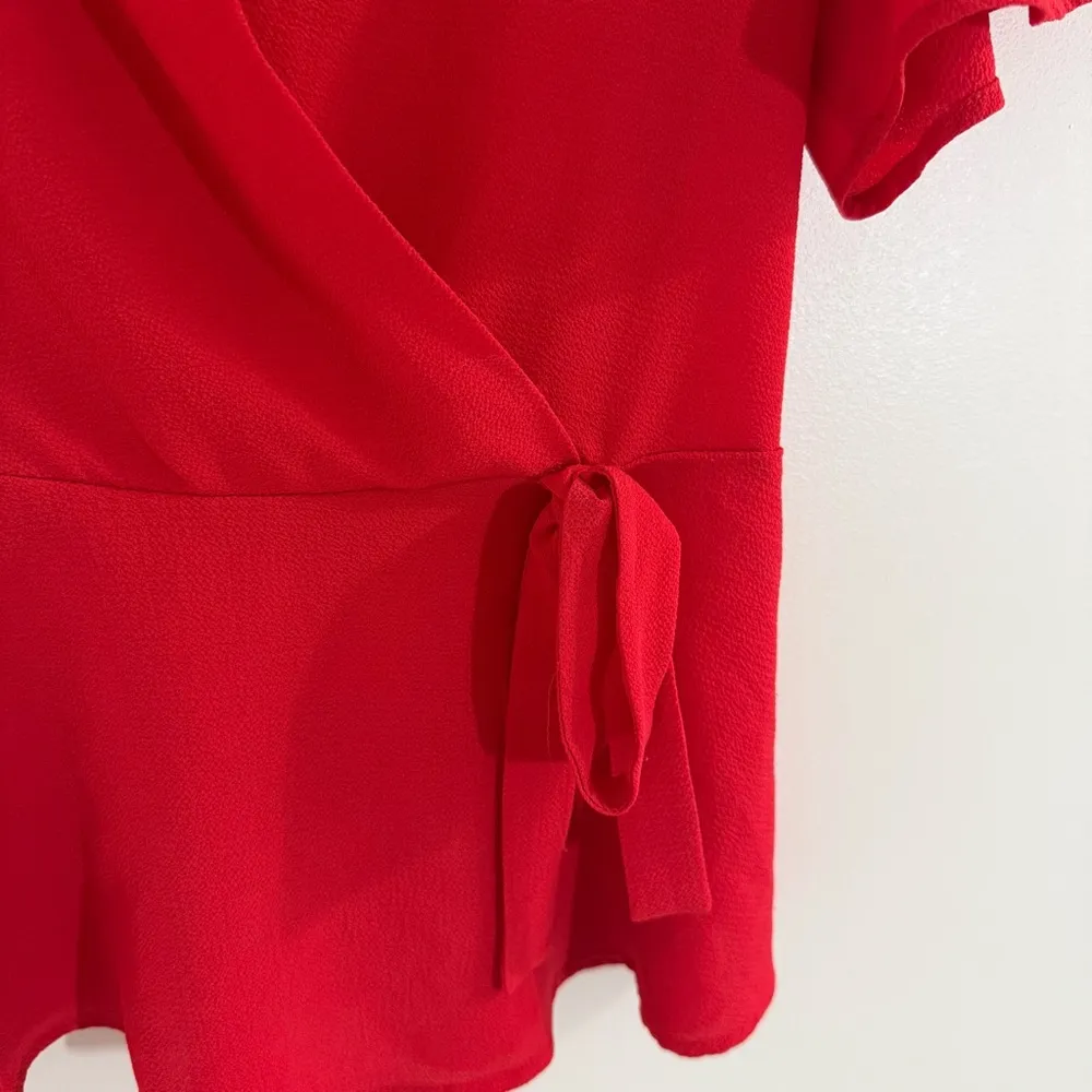 Monteau Red Short Sleeve Wrap Blouse with Mandarin Collar - Image 2