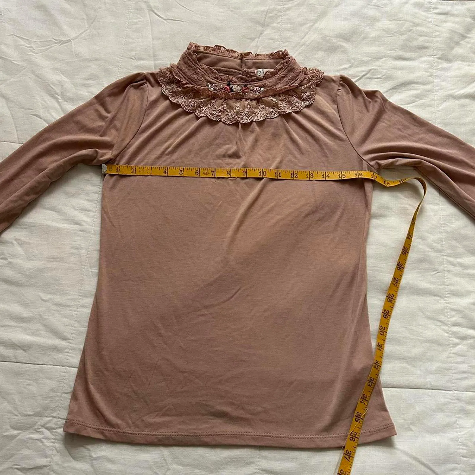 NWT Axes Femme high neck pink lace long sleeve top embellish bib little rosette Size M - Image 8