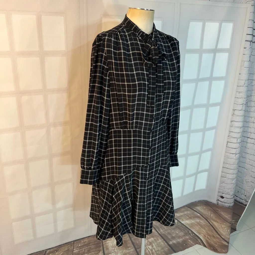 Rebecca Taylor Black Plaid Bow Tie Neck Long Sleeve Mini Silk Dress Size 8 - Image 3
