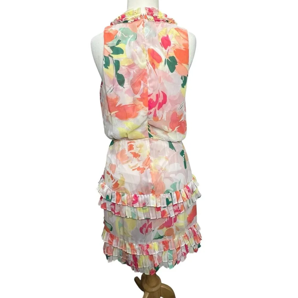Laundry by Shelli Segal Dress 6 Pink Painted Floral Ruffle Romantic Coquette NEW - Image 2