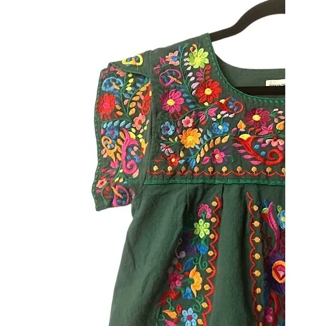 Mexican Embroidered Top S Green Puff Sleeve 100% Cotton Traditional Fiesta Artsy - Image 9